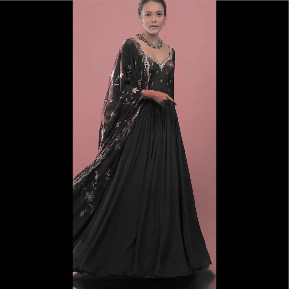 Grey Anarkali Suit In Chinon With Queen Style Embroidered Bodice In Zardosi Work - Picture 2 of 8